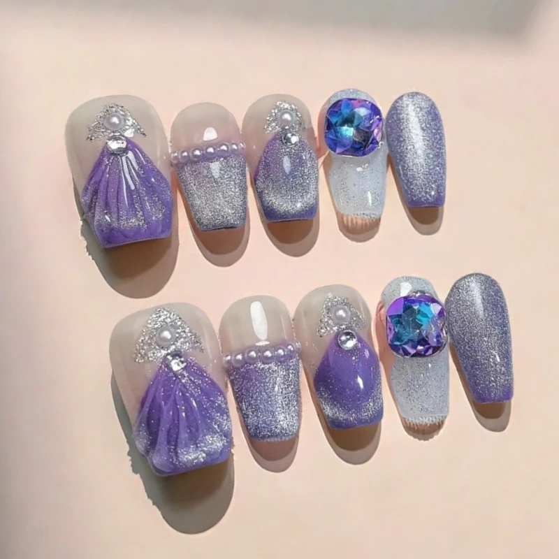 

10Pcs Mermaid Press-On Purple Nails Short Coffin Handmade Nails with French Tips Decorated with Pearls&Diamond for Summer Events