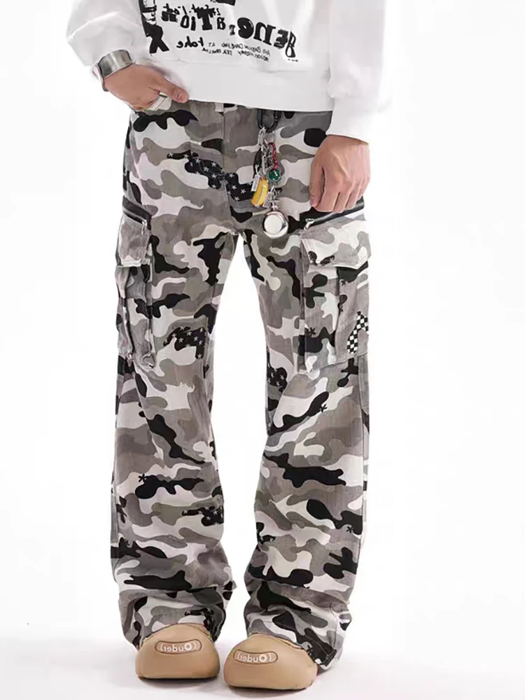 REDDACHIC Snowflake Vintage Camouflage Cargo Pants Men Zipper Pockets Low Rise Loose Casual Wide Sweatpants High Street Clothes