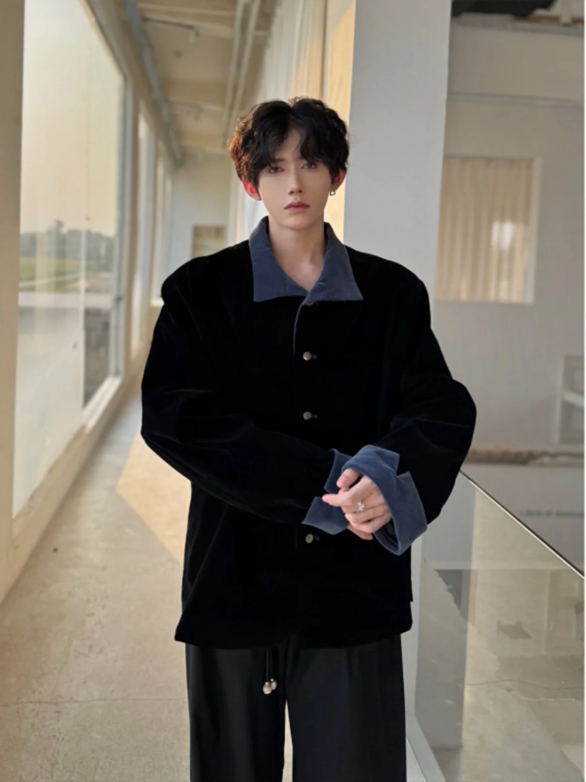 

New Chinese Sle Men's ort Velvet Jaet Autumn Winter Color Blo Design Faionable Casual Coat Long Sve Turn-down Co...
