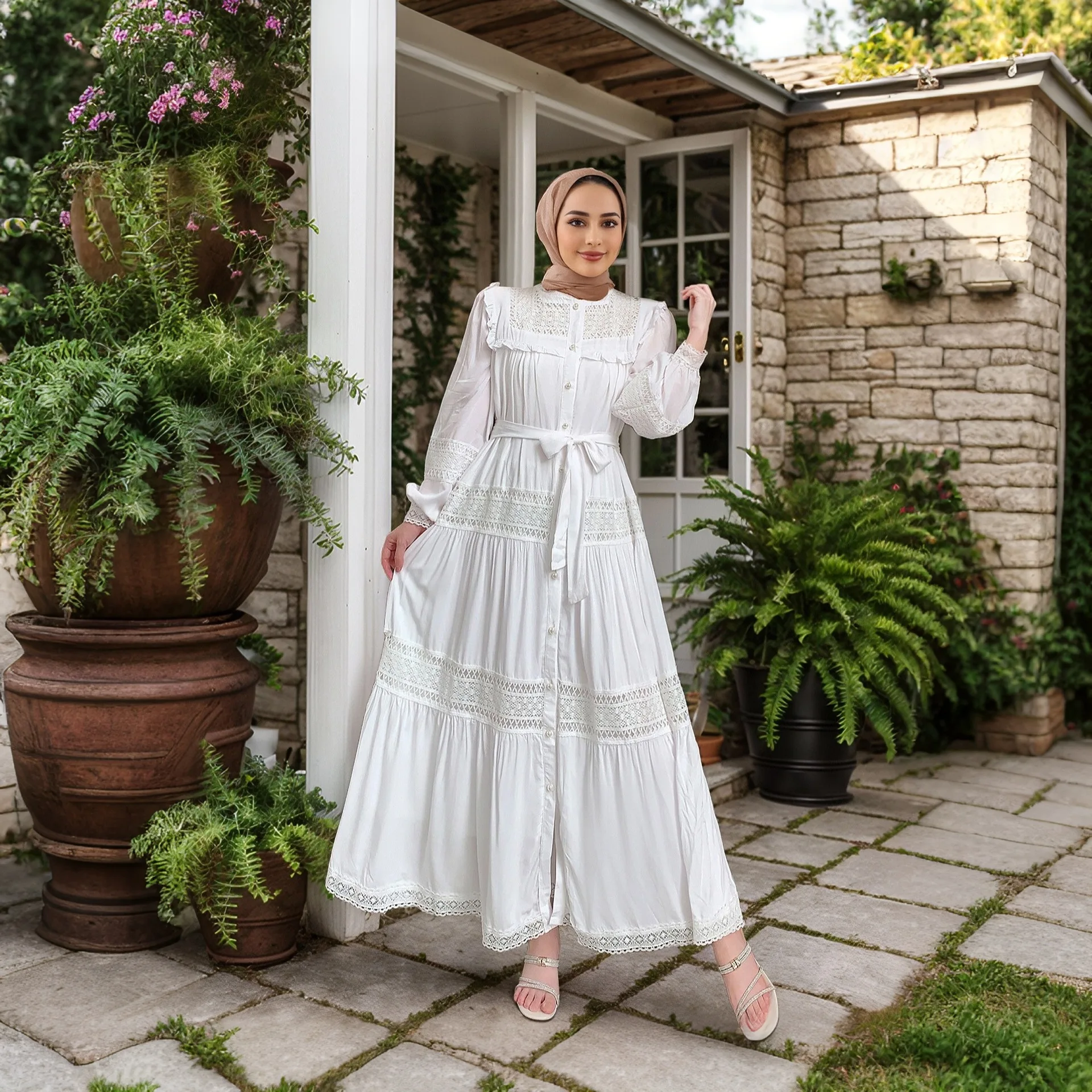 

Muslim Fashion Dresses Women's Abaya Long Dress with Lace Hollow Patchwork Ruffles Stand Collar Abayas for Muslim Women Robe