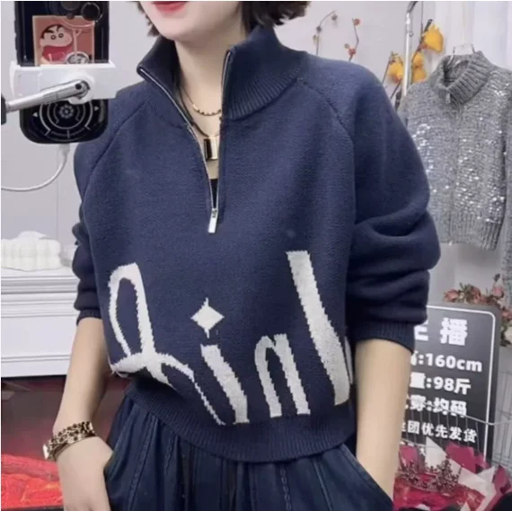 

Halloween Versatile Zipper Lapel Pullover Lazy Knit Sweater Loose Long Sleeve Warm