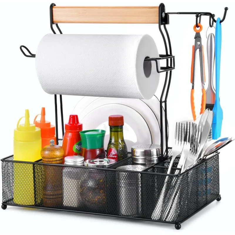 

Grill Caddy with Paper Towel Holder, BBQ Utensil Organizer, Large Camping Condiment Caddy for Outdoor, Picnic, RV, Patio