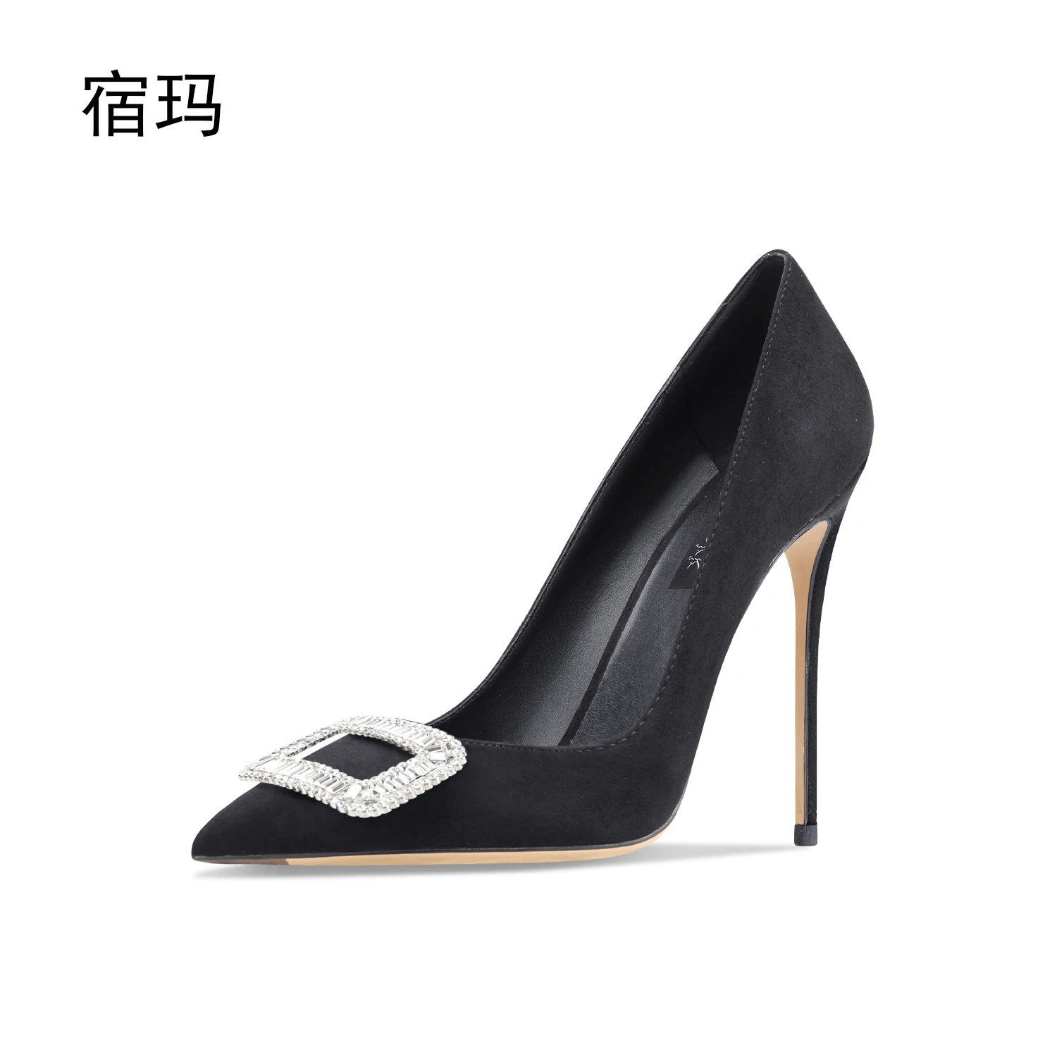 Luksusowe buty damskie 2024 New Women Square Buckle Rhinestone Flock Pointy Toe High Heel Shoes Elegant Black Suede Stiletto Pumps