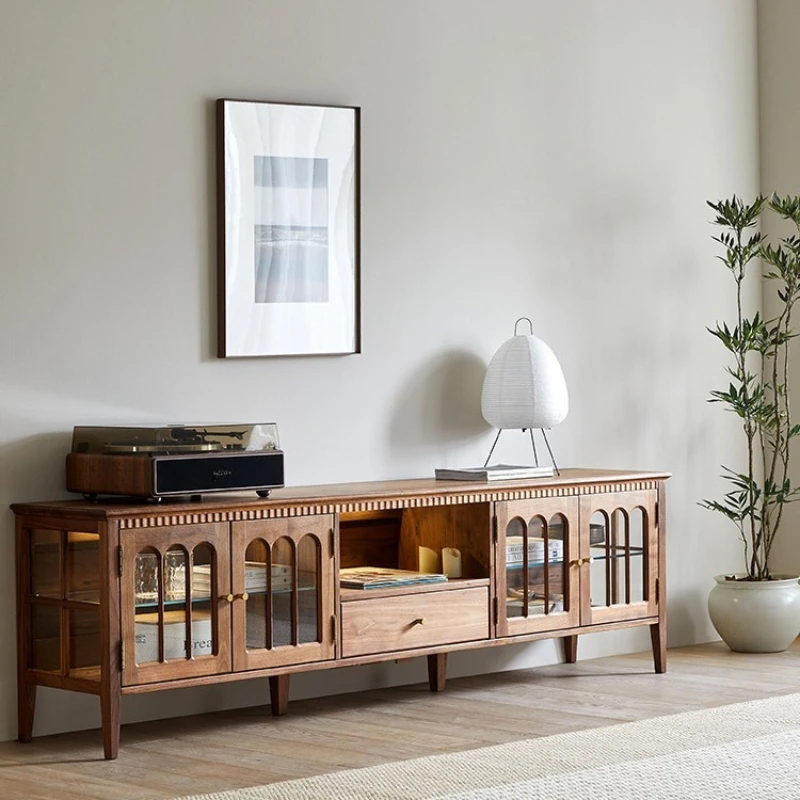 

American country all solid wood retro TV cabinet living room low cabinet black walnut glass display locker with light