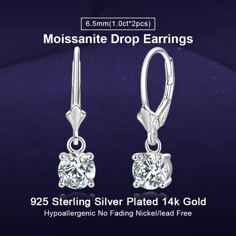

IOGOU 1CT Round vvs1 Moissanite Solitaire Clip-on Earrings for Women Real 925 Silver Trendy Design Drop Earrings Wedding Jewelry