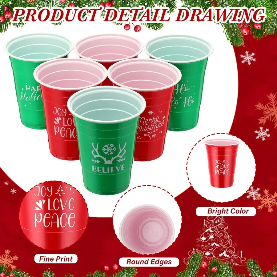 60 Pcs 16 oz Christmas Plastic Disposable Cups Bulk with Snowflake Elk Star Christmas Tree Designs for Holiday and Birthday Par