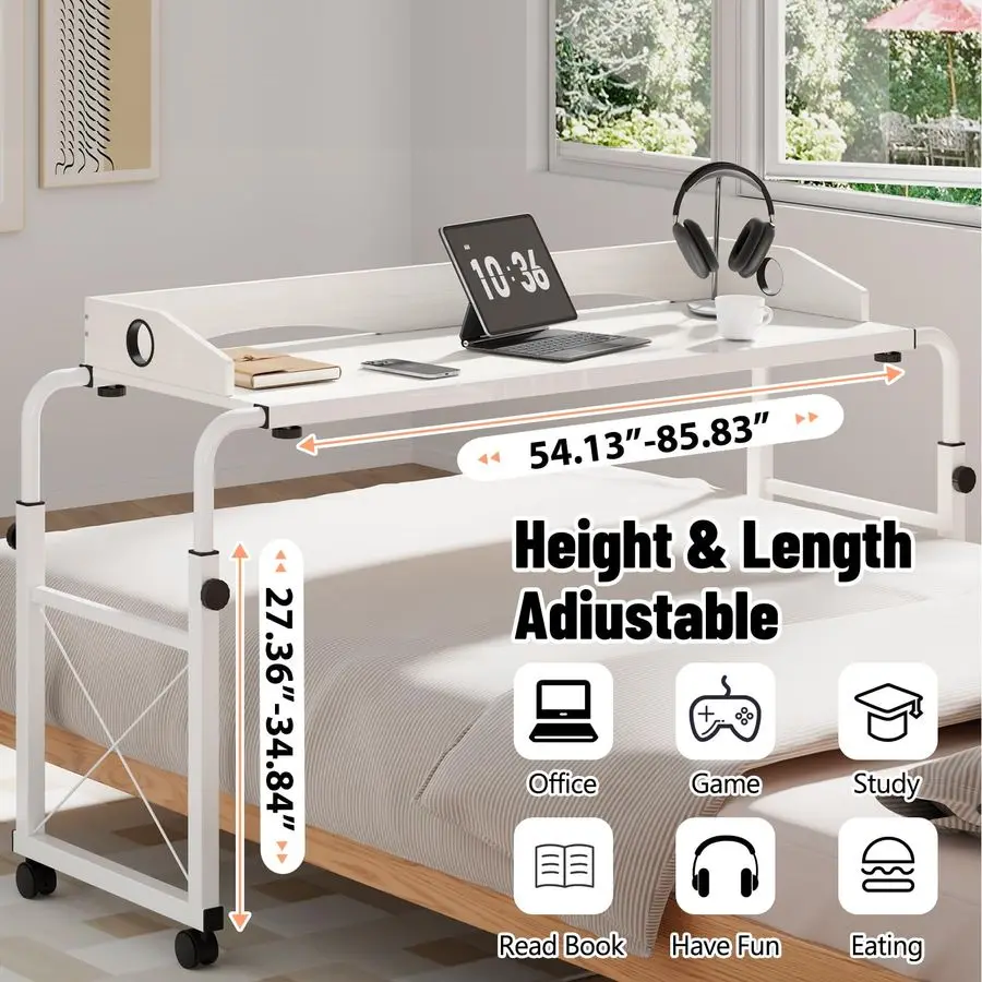 Table with Wheels, Overbed Desk with Adjustable Length and Height, Rolling Over Bed Desk, King Queen Over The Bed Table on Wheel