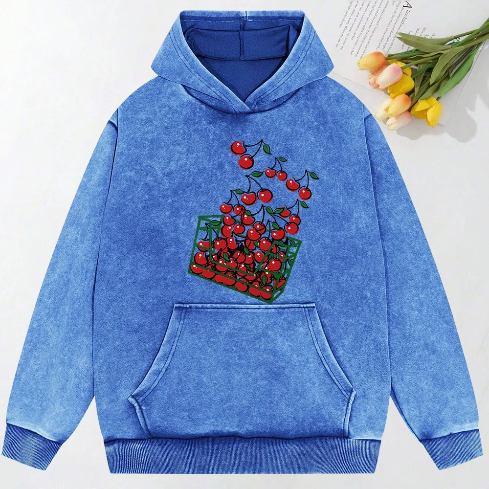 A Basket Of Cherries  Printing Washed Streetwear Women Fashion Hoodies Autumn Cotton Hoody Hip Hop Oversize Clothing Unisex