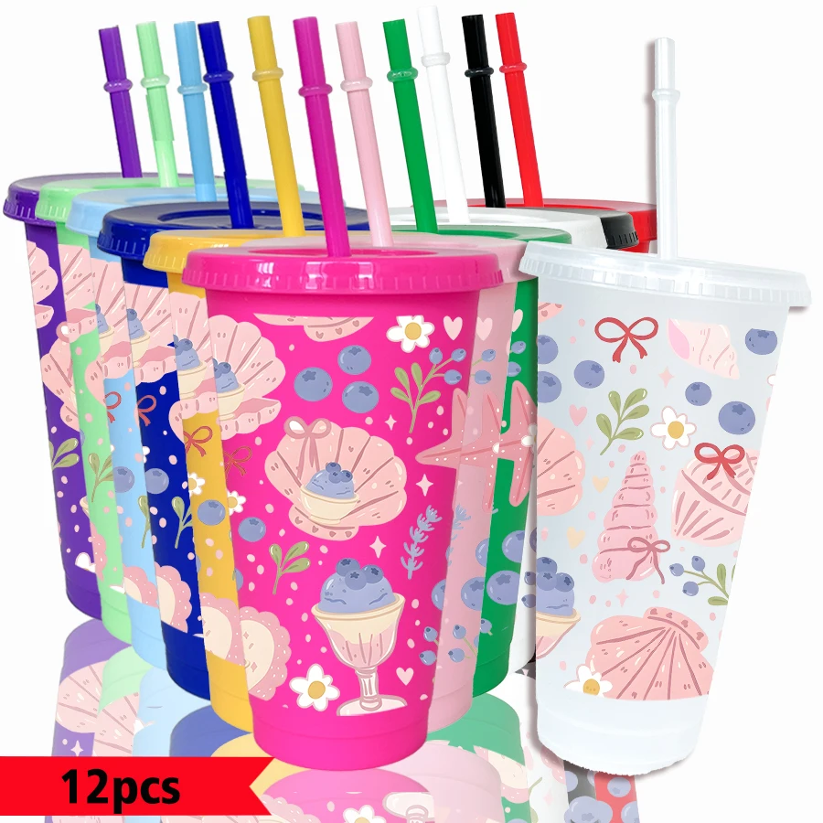 12pcs/pack Shell Blueberry Flower Pattern 26oz Colored Plastic Party Cold Drink Cup for Back-to-school Birthday Gift
