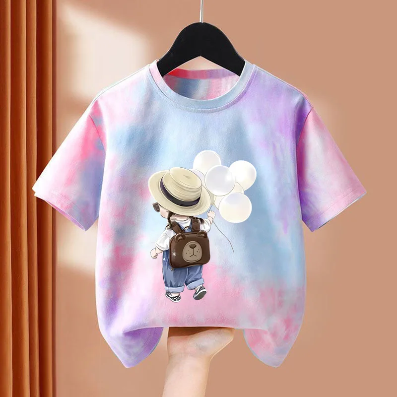 

Футболка с короткими рукавами для девочек Tie Dye, новинка 2025, летняя стильная модная одежда, детская одежда с короткими рукавами для больших девочек