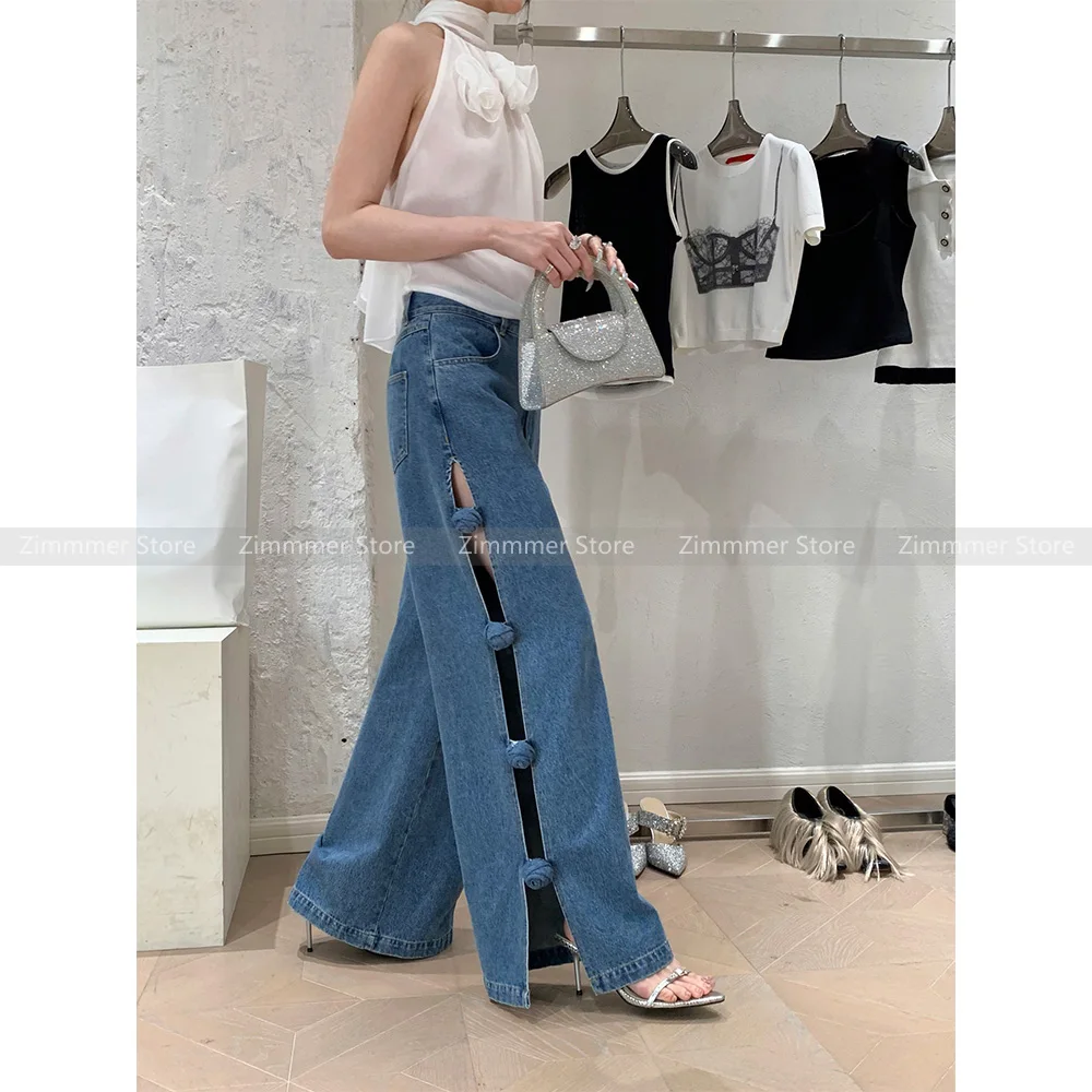 

Vintage niche design pure handmade rose flower decoration side hollow loose denim wide leg trousers