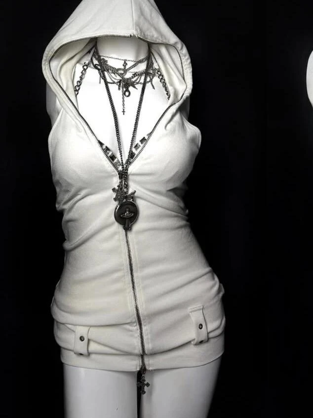 Original White Sleeveless Hooded Vest Top Women's Summer Vintage Style Fashionable Strapless Cotton Blend Zipper Closure Vest