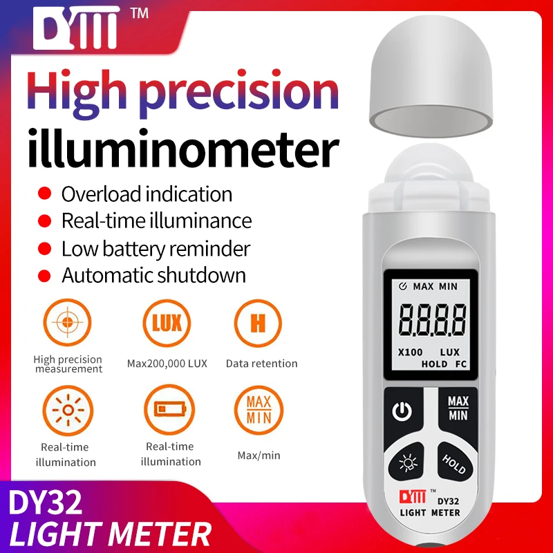 Lux Medidor 0200.000lux Medidor de Luz Portátil de Alcance Design de Bolso Iluminômetro de Alta Precisão Lux fc Testador de Fotômetro Dy32