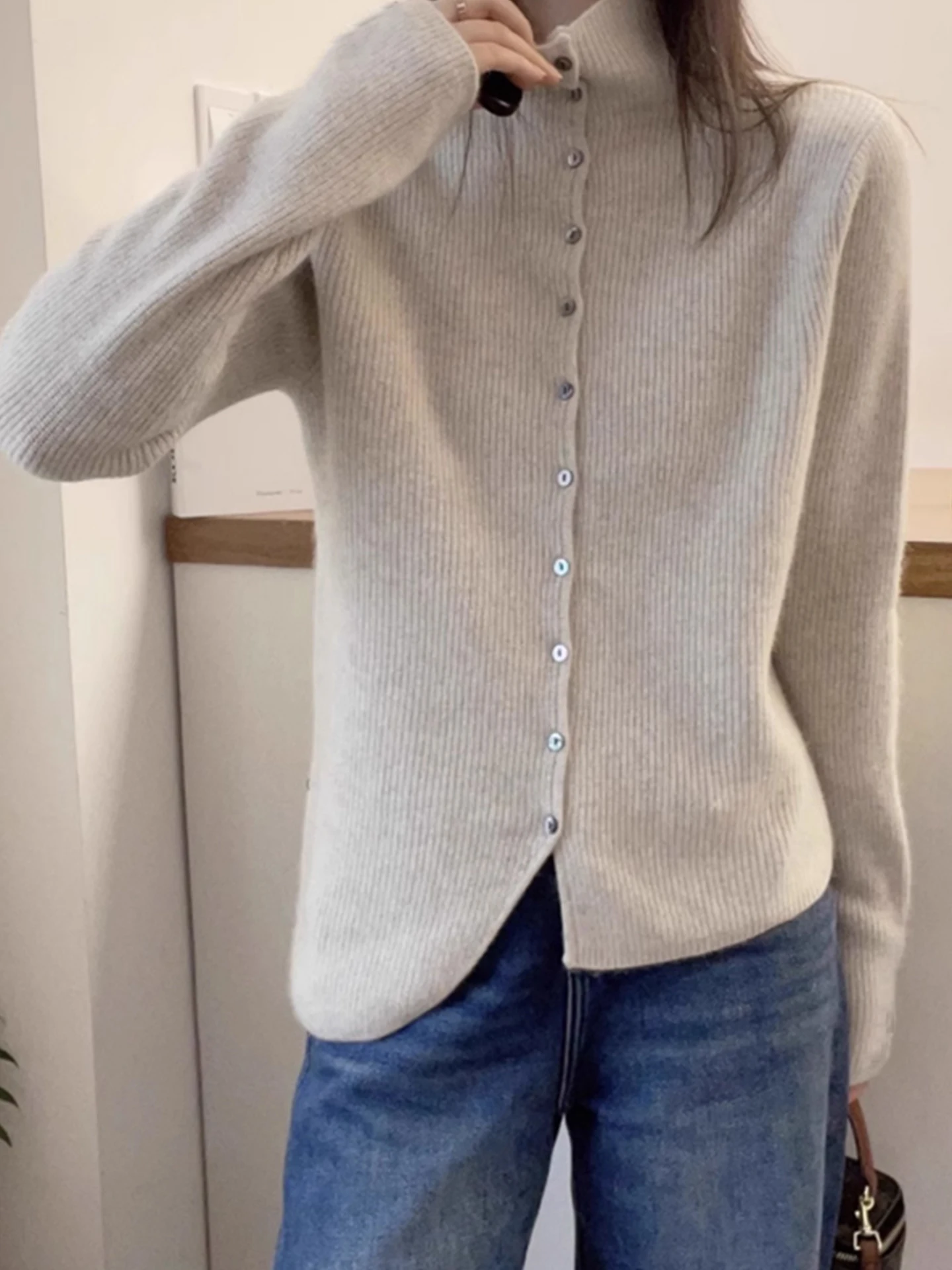 Damski sweter z wysokim kołnierzem, dzianinowy kardigan, długi sweter, modny, jesienno-zimowy, nowy, uniwersalny top.