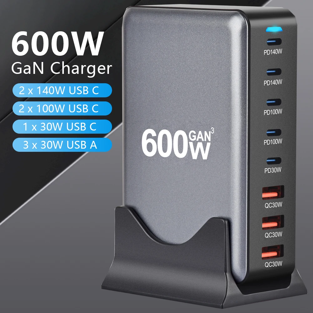 

600W GaN USB C Charger Station 8 Port Fast Charger Type C PD3.1 3.0 PPS Quick Charger For Macbook Pro iPhone 16 Samsung S24 iPad