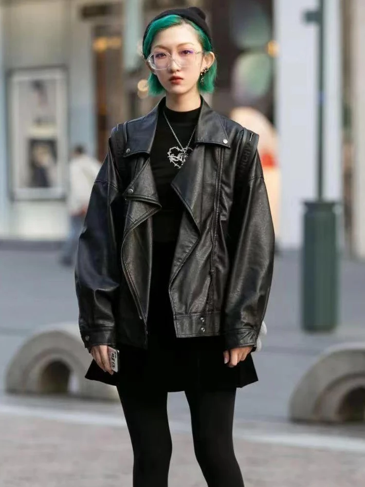 New Loose PU Faux Leather Jacket Women Classic Motorcycle Biker Jacket Spring Summer Lady Basic Coat Oversized Loose Outerwear