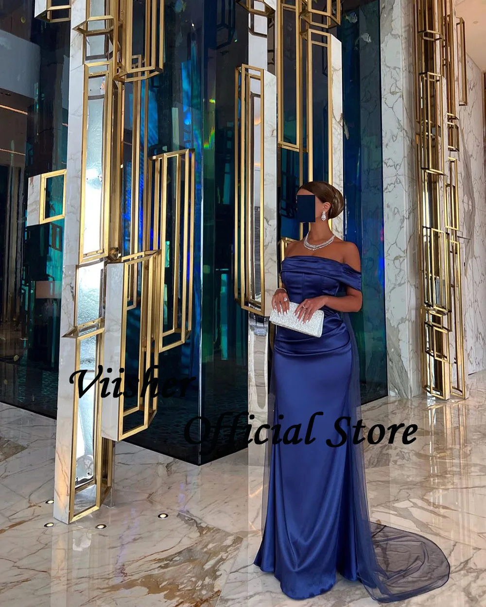 Viisher Navy Blue Satin Mermaid Evening Dresses Off Shoulder Tight Long Women Formal Prom Dress with Train Evening Party Gown