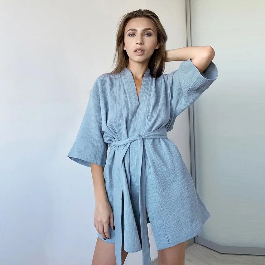 Cotton Crape Kimono Robe Women Nightwear Bathrobes Lace Up Sleepwear Muslin Ladies Home Clothes Solid Color Robes Women Nightie