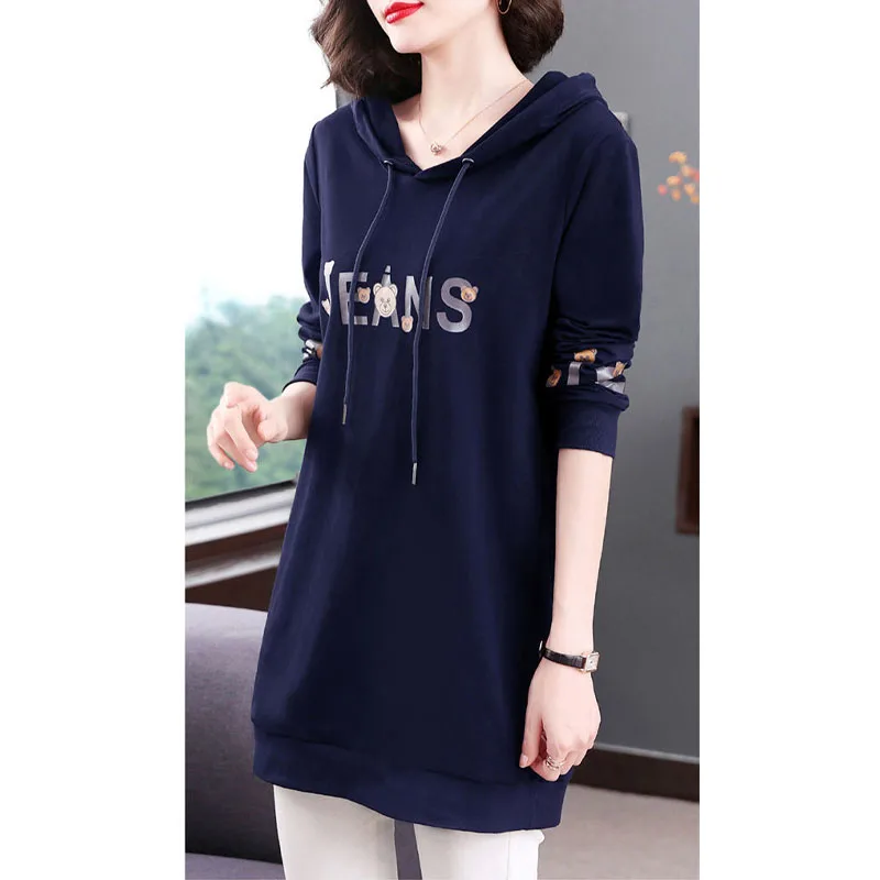 Autumn and Winter New Trend Temperament Women's Clothing Letter Printing Drawstring Long Sleeve Solid Color Commuter Hoodies