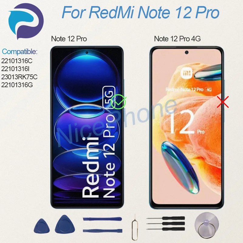 New And Tested For RedMi Note 12 Pro LCD Display Screen Touch Panel Digitizer 22101316C/I, 23013RK75C, 22101316G Note 12 Pro Scr