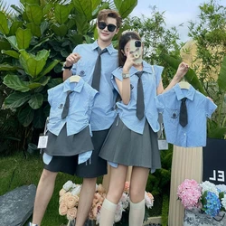 Family Matching Summer Outfits Mother and Daughter Girl Blouse Skirts 2 Pieces Set Father and Son Boy Shirt Short Two Piece Suit