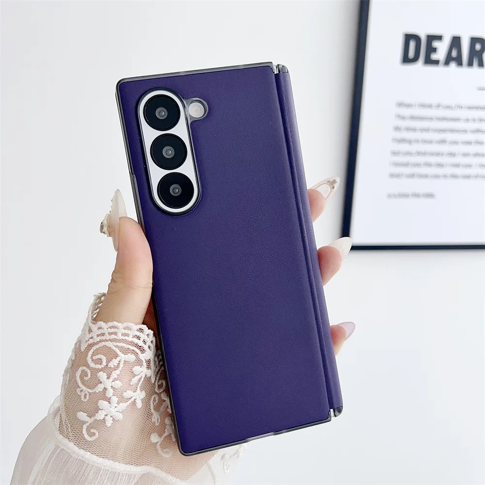 ZFold6 Casing Case For Samsung Galaxy Z Fold 6 Solid Color Plain Leather Hinge Shockproof Hard Mobile Phone Case Cover