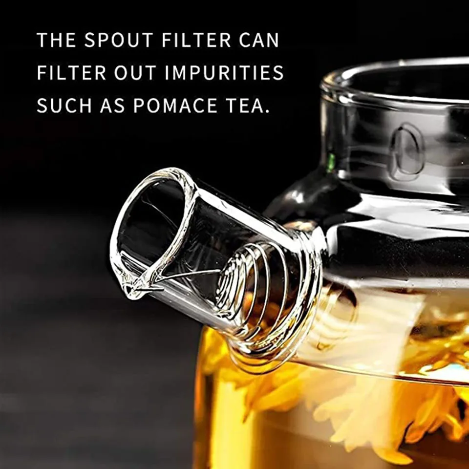 YMEEI 1L Large Capacity Borosilicate Glass Teapot Heat Resistant Clear Water Bottle Filters Flower Teapot With Bamboo Lid
