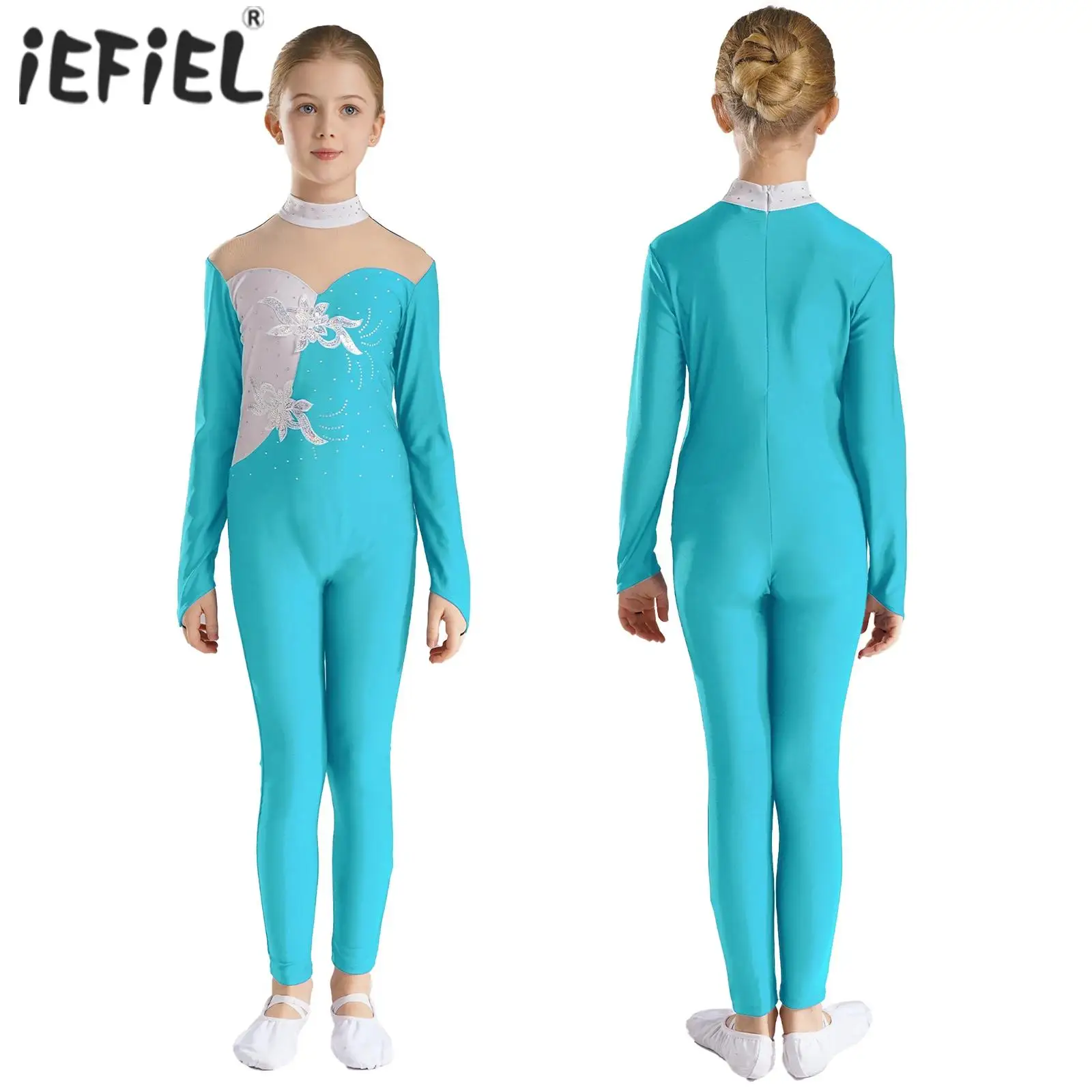 

Kids Girls Ballet Gymnastics Leotard Sports Workout Full Bodysuit Long Sleeve Mock Neck Jumpsuit for Figure Skating Acrobatics