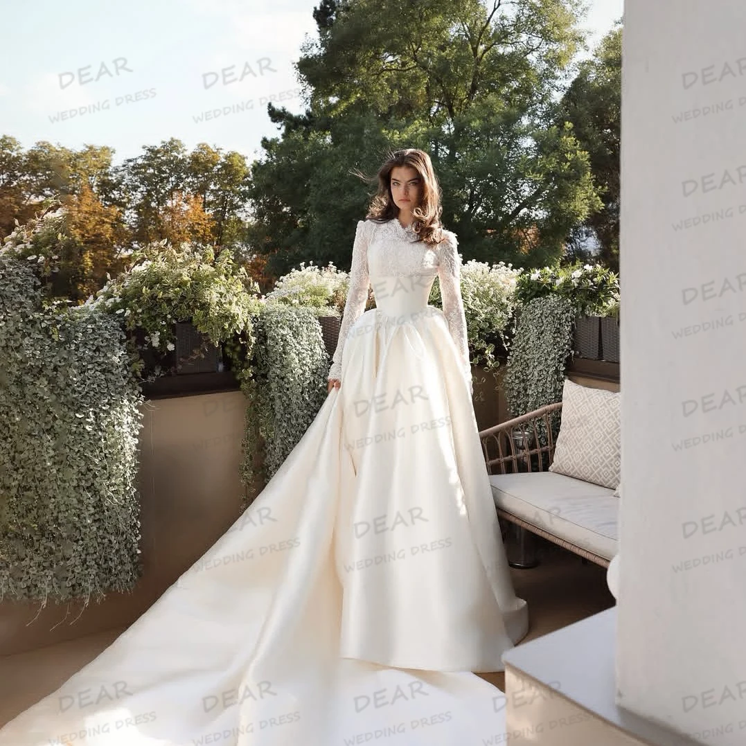 Einfache Hochzeitskleider mit hohem Kragen aus Satin für Damen, A-Linie, Brautkleider mit langen Ärmeln, formelle Satin-Applikationen, Vestidos De Novia, individuell gestaltet