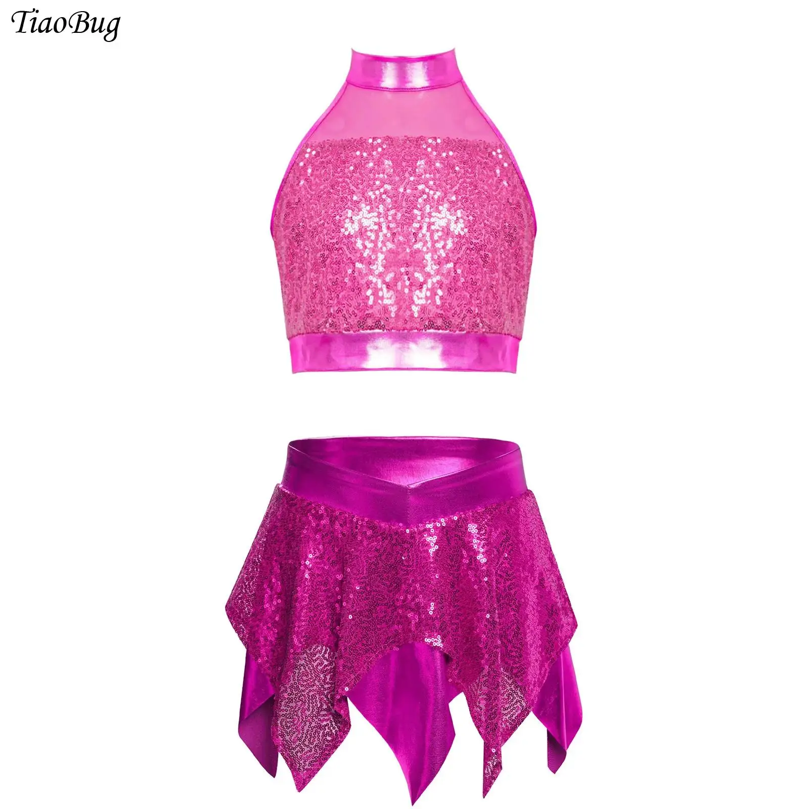 

Teen Girls Sequins Latin Jazz Dance Outfit Sleeveless Sparkly Crop Top And Asymmetric Metallic Skirt Ballet Cheerleading Costume