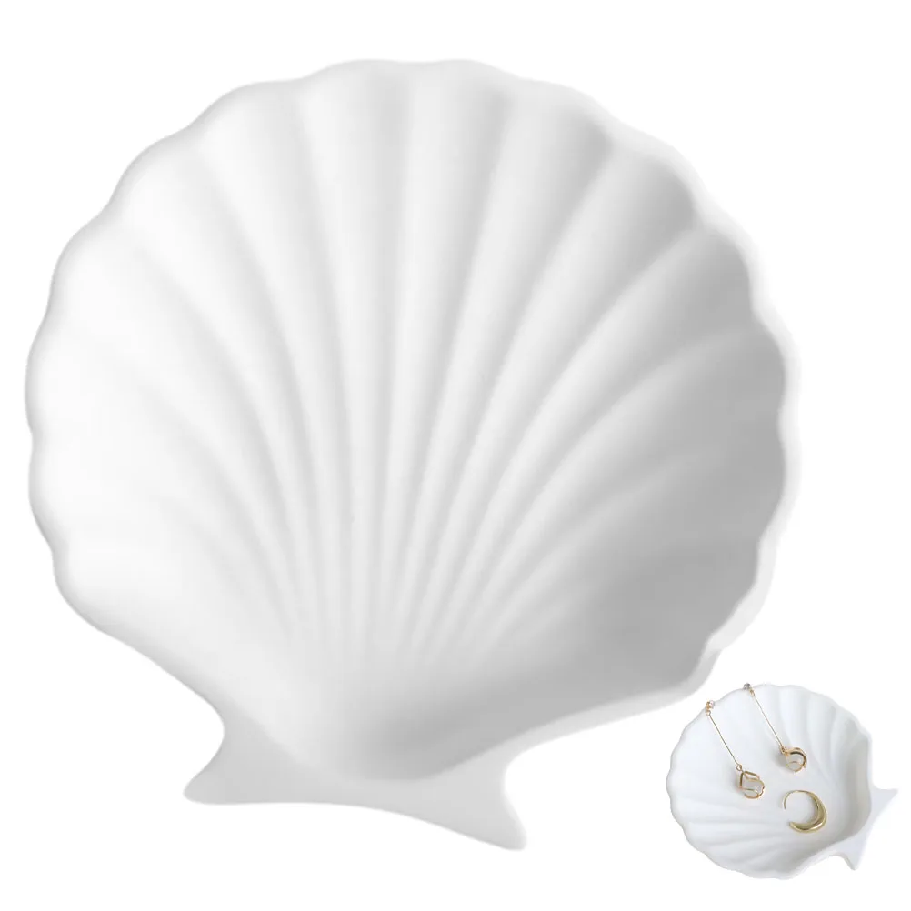 

Shell Shaped Trinket Tray White Jewelry Organizing Dish For Vanity Nightstand Desk Ring Holder Key Entryway Table Plaster