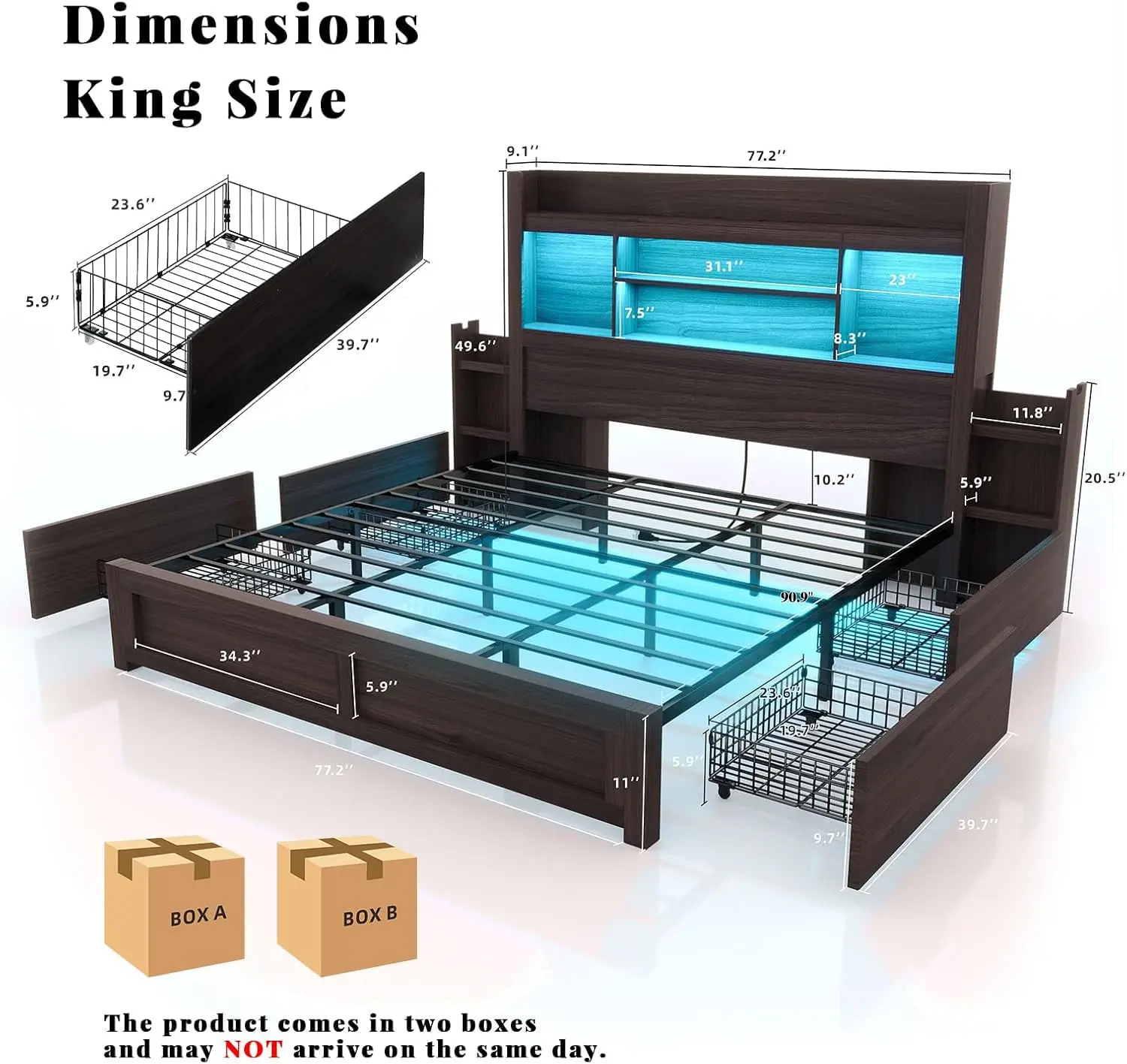 King Bed Frame Storage Bookcase Headboard Metal Platform No Box Spring Needed Bedroom Furniture, Customized