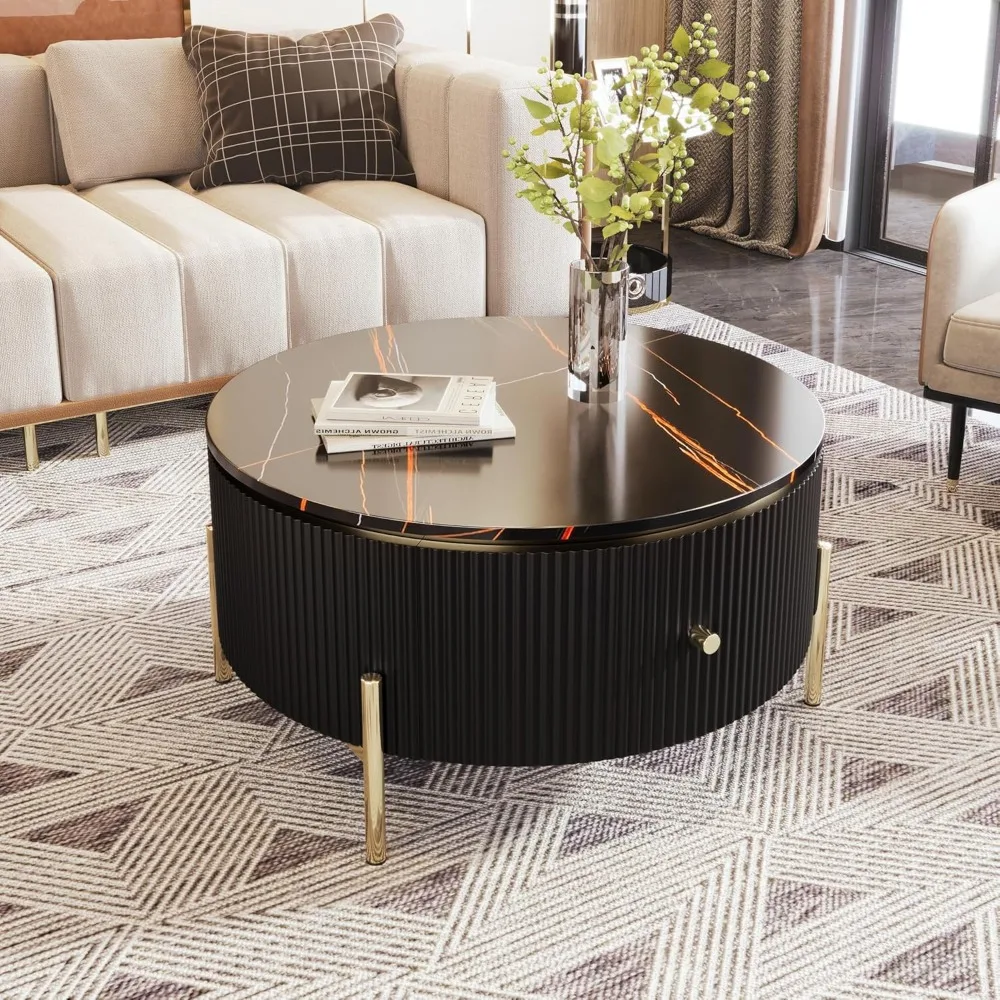 Modern Black and Gold Round Coffee Table with Drawers, Drum Style Marble Top Center Table with Golden Legs