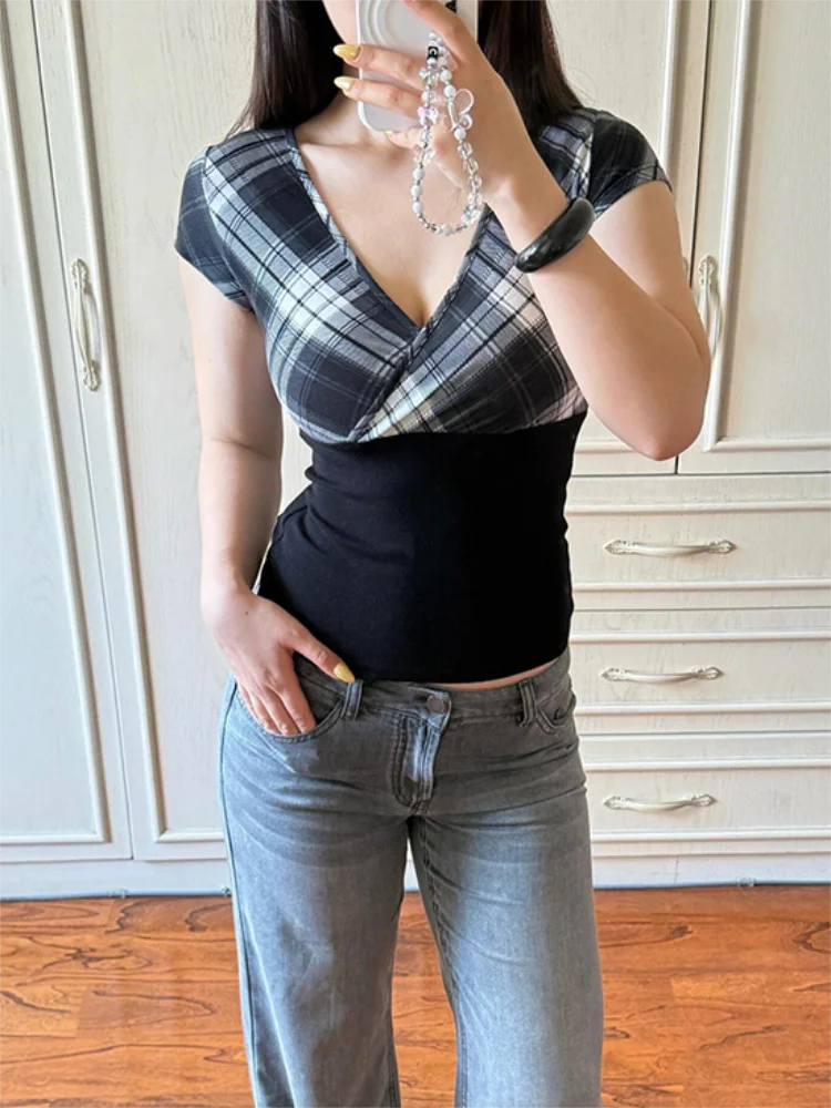 Retro Cross V-neck Short Sleeved T-shirt for Women's Summer Design Plaid Patchwork Crop Top Slim Sexy Y2k Clothes Tee Shirt