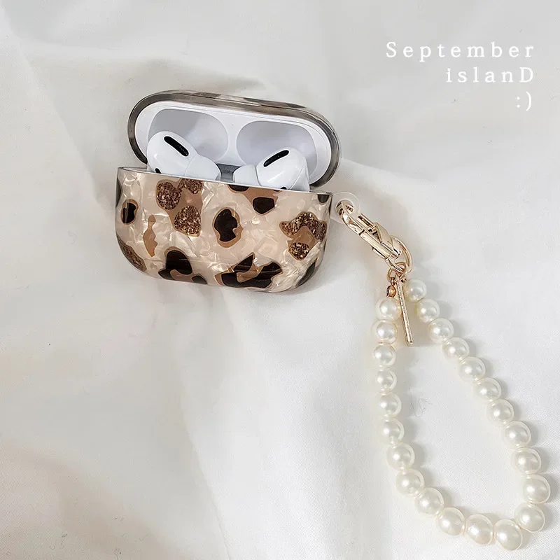 New Leopard Print Earphone for Airpods 1 2 3 Pro Protective Cover for Apple Airpods Pro2 Case with Pearl Heart Shell Keychain