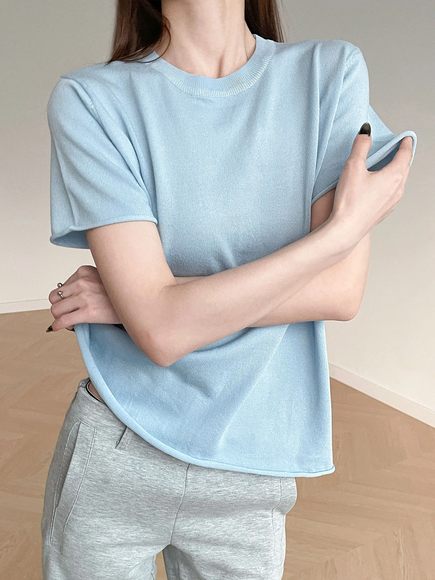 

Inbeowroom Lazy Sle Soft Knitted ort Sve Pure Color Casual Top Women's Loose Fit T-irt Comfortable Breathable Ligh...