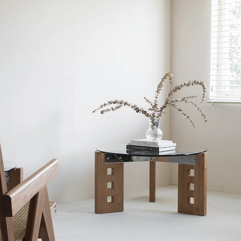 

Round glass coffee table, Nordic black wabi sabi, solid wood small apartment