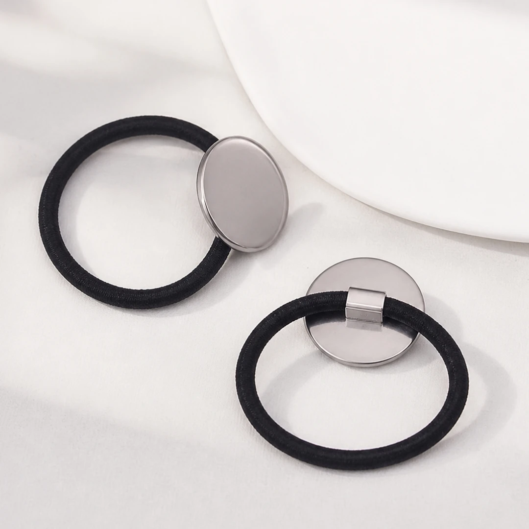 5pcs Hair Ties Stainless Steel Blank Round Base Tray Setttings Hair Rope For DIY Non-Damage Ponytail Cuffs Holders Thick Hair