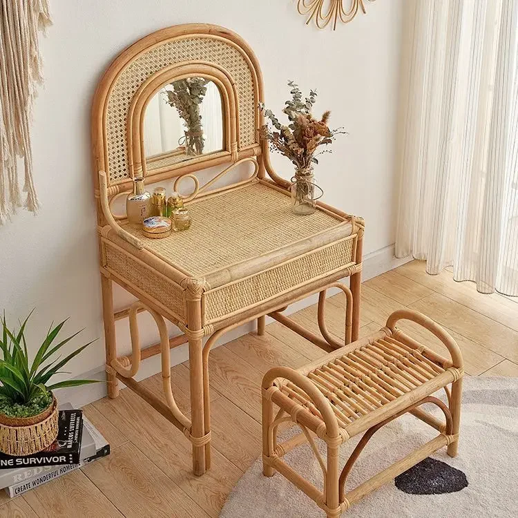 Retro pure handmade rattan with mirror children's dresser, Indonesian real rattan braided with cabinet rack