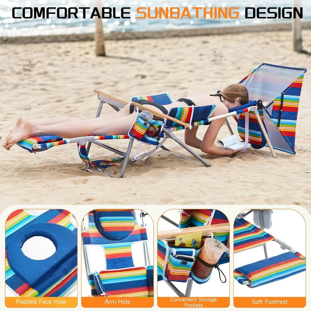 Oversized Heavy Duty Backpack Beach Chair with Sun Canopy, Reclining Lounge Chair Tanning Chair with Face Hole, 5-Position