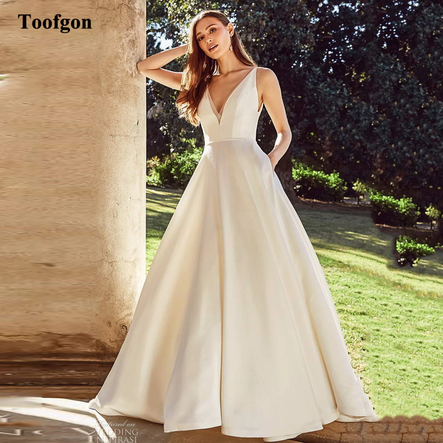 

Toofgon A Line Satin Wedding Dresses With Pockets Deep V-Neck Backless Buttons Bride Party Bridal Gowns Women Formal Dress