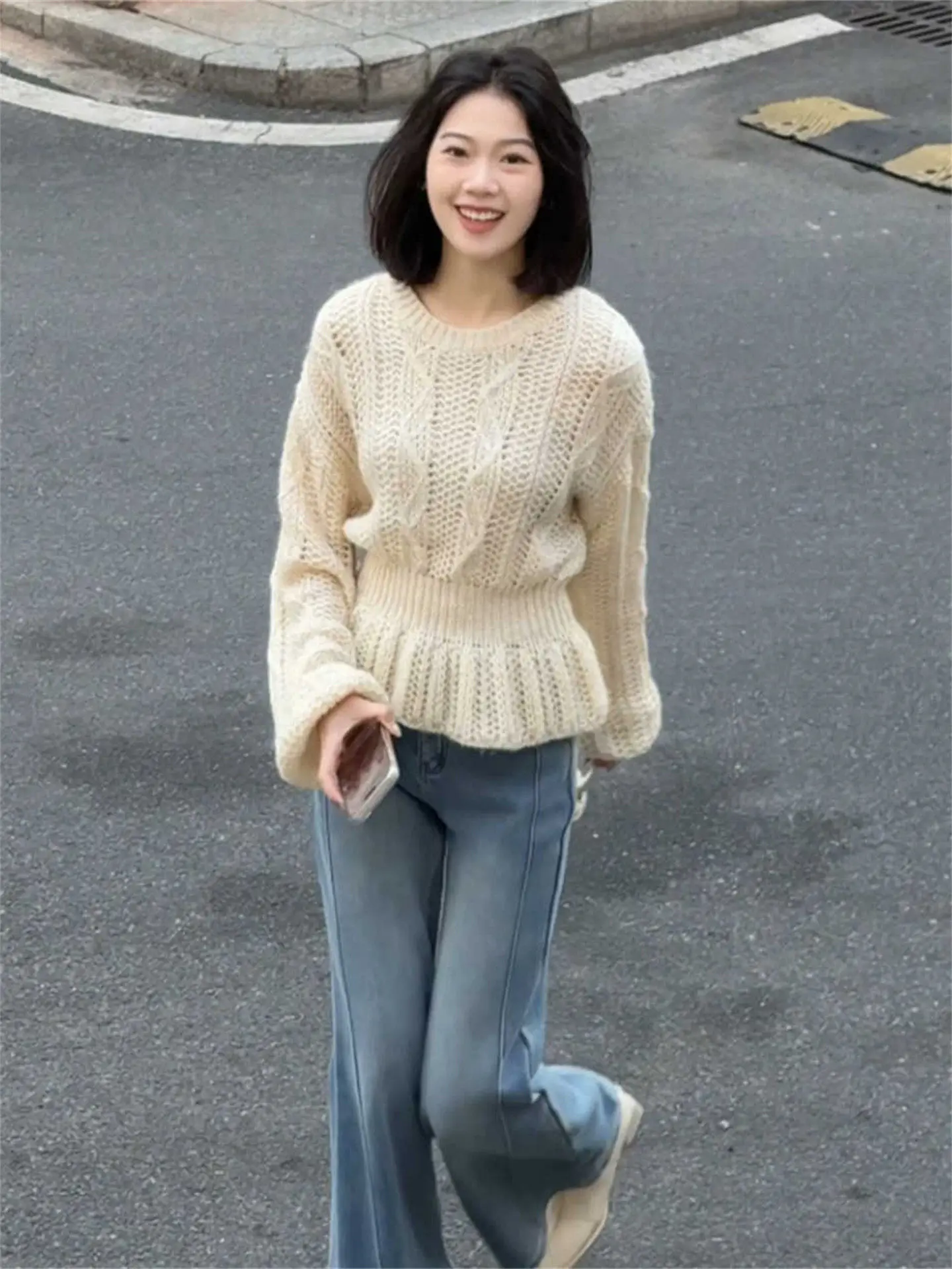 

Удобный женский вязаный свитер с круглым вырезом, подчеркивающий талию, нежный топ, новинка весенней коллекции, корейский стиль для повседневной носки