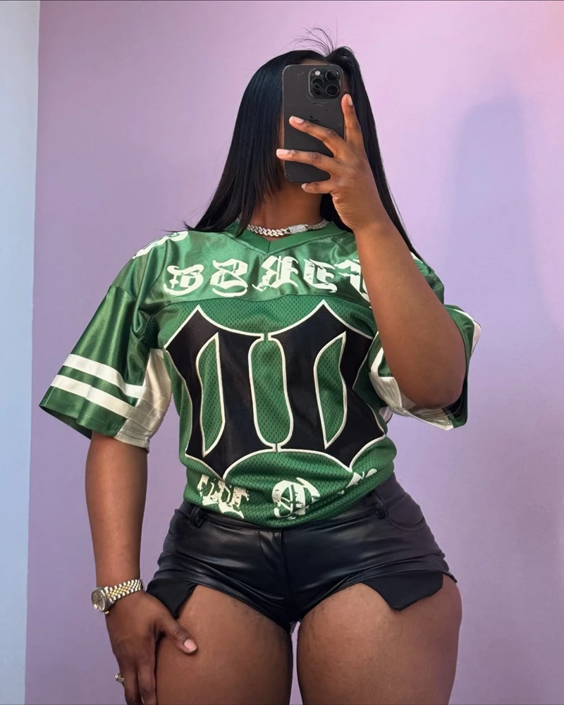 

STYLISH LADY Letter Printed Jersey T Shirts 2025 Summer Women Short Sleeve O Neck Casual Loose Street Hip Hop Tops Tees