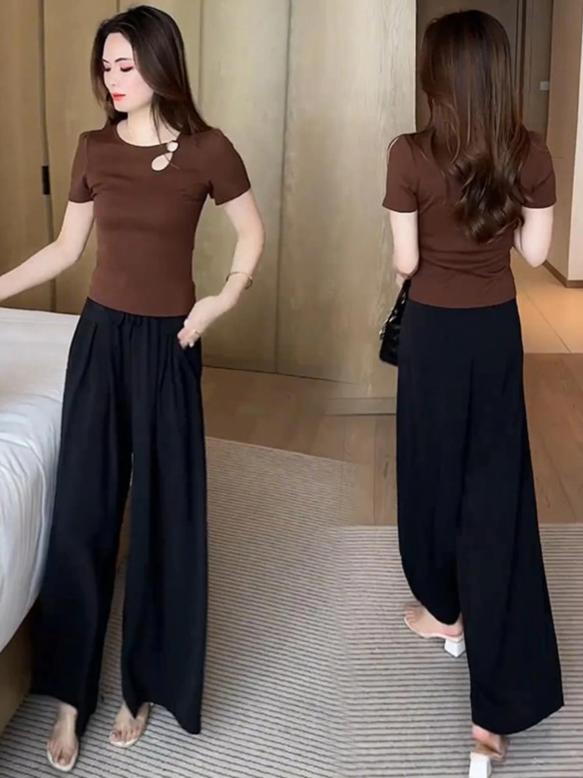 

Модный летний комплект для женщин: стильный повседневный топ с круглым вырезом и короткими рукавами, а также широкие брюки.