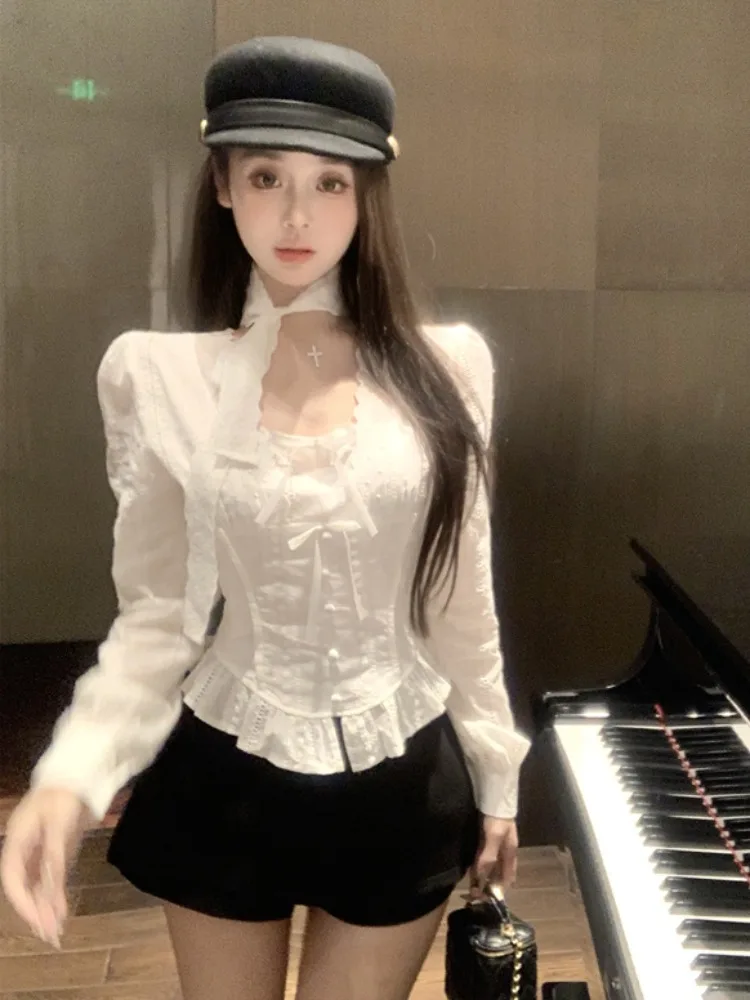 

White Bellied Shirt Halter Neck Lace Design Slimming Women's Inner Wear Top And Skirt Set Early Autumn Fashion Casual Style