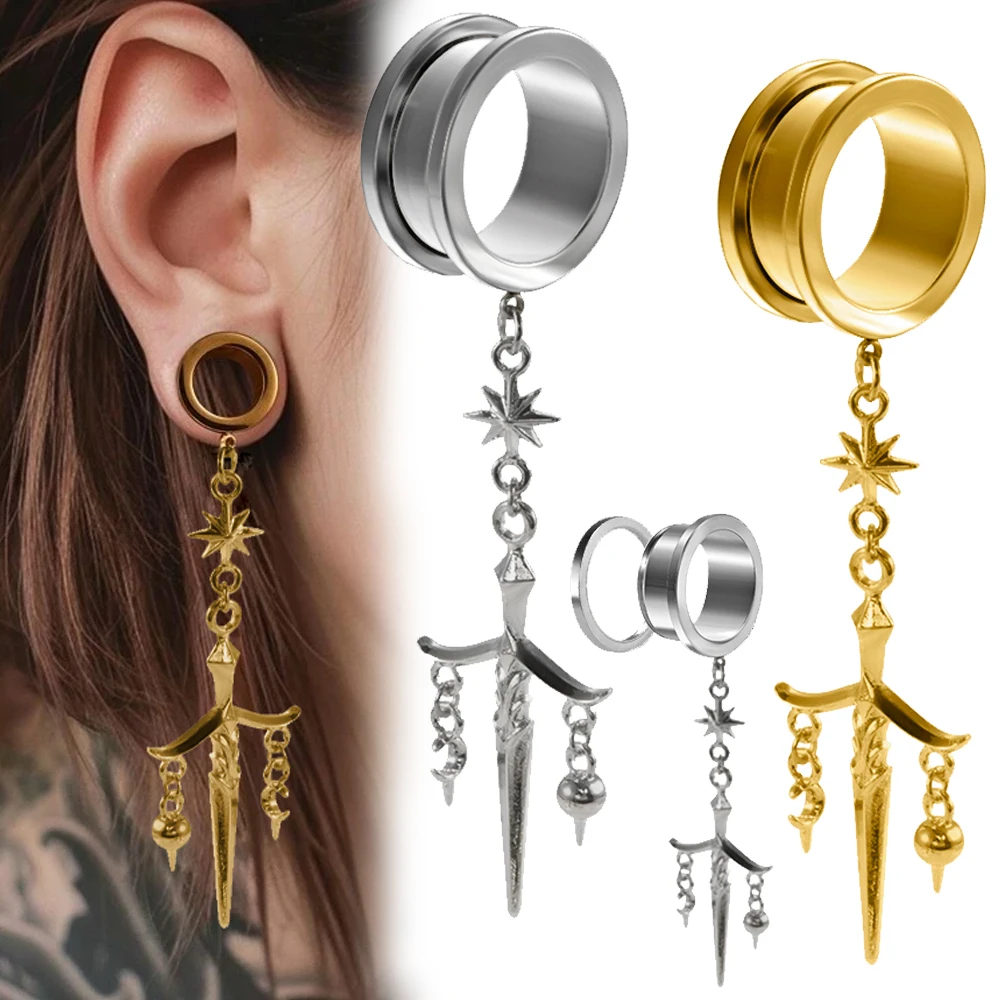1 Pieza de Expansor de Oreja de Acero Inoxidable con Forma de Tridente, Expansor de Oreja con Tornillo, Calibrador de Oreja, Joyería para Piercing Corporal, 8MM-25MM