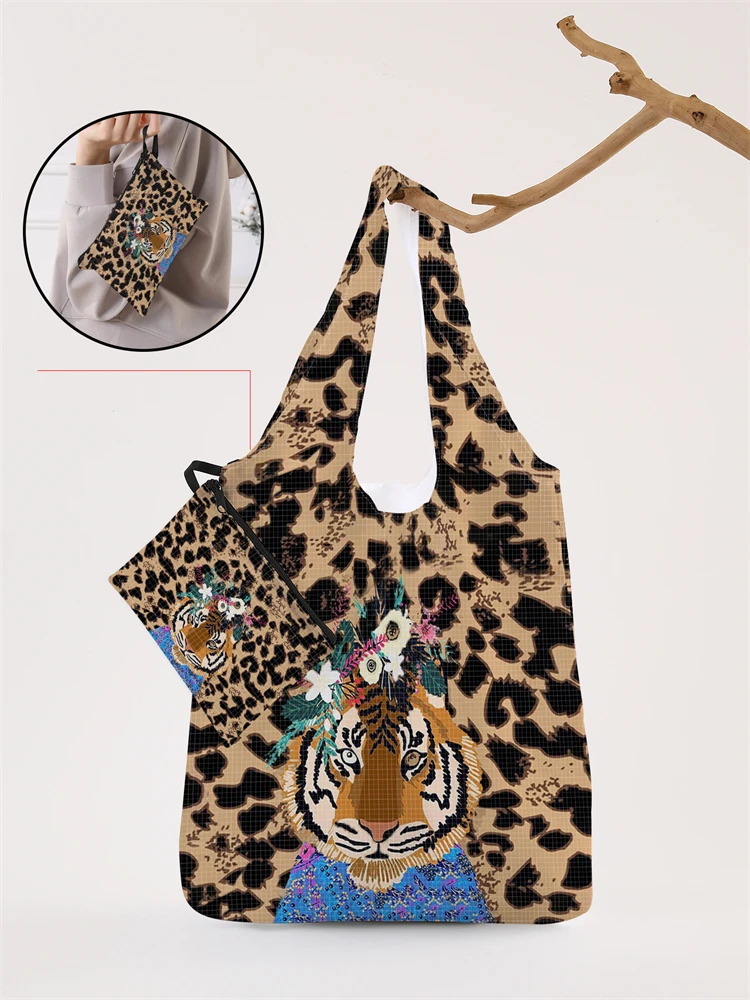 Faltbare Damen-Einkaufstasche mit Leoparden-Tiger-Muster, faltbare Aufbewahrung, wiederverwendbar, leicht zu tragende Handtasche mit Kapazität – Detail 1