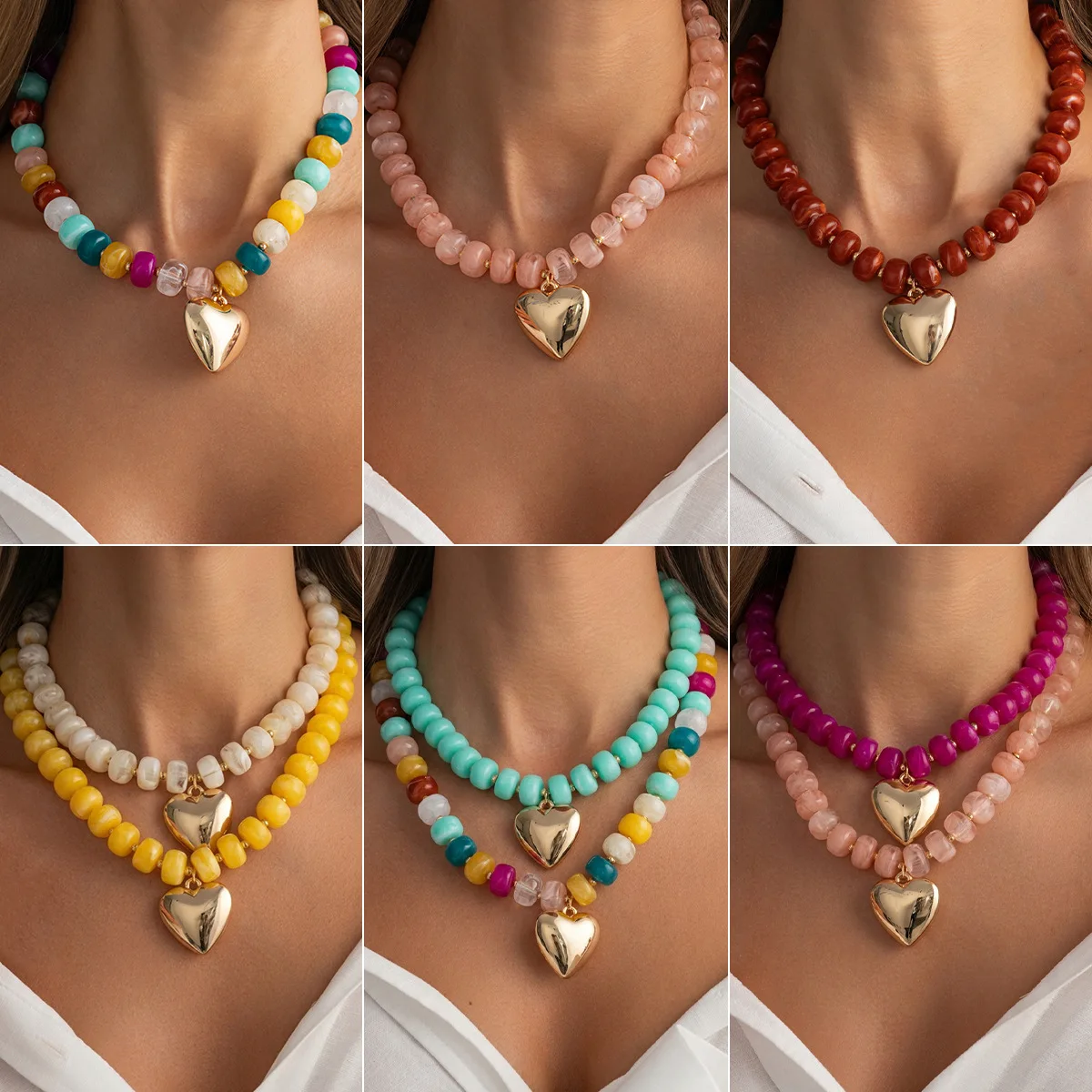 Necklace Heart Pendant Flat Round Stone Beads Choker Vibrant Multicolor for Women Daily Party Beach High Quality Versatile Chic