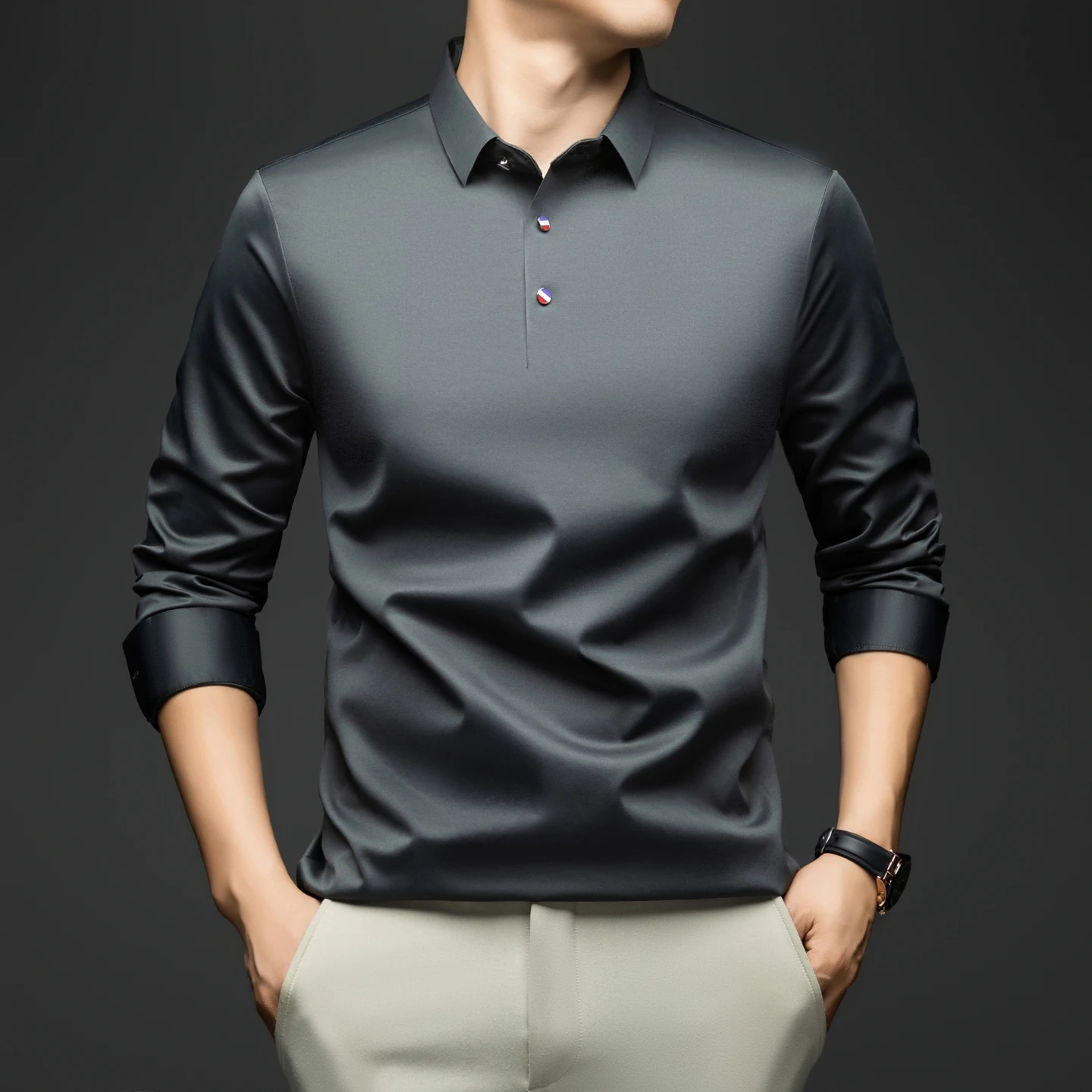 BROWON 2026 Frühling Herbst Casual Arbeits-Oberteil Herren T-Shirt Langarm Einfarbig Weich Elegant Business Maulbeerseide T-Shirt für Männer