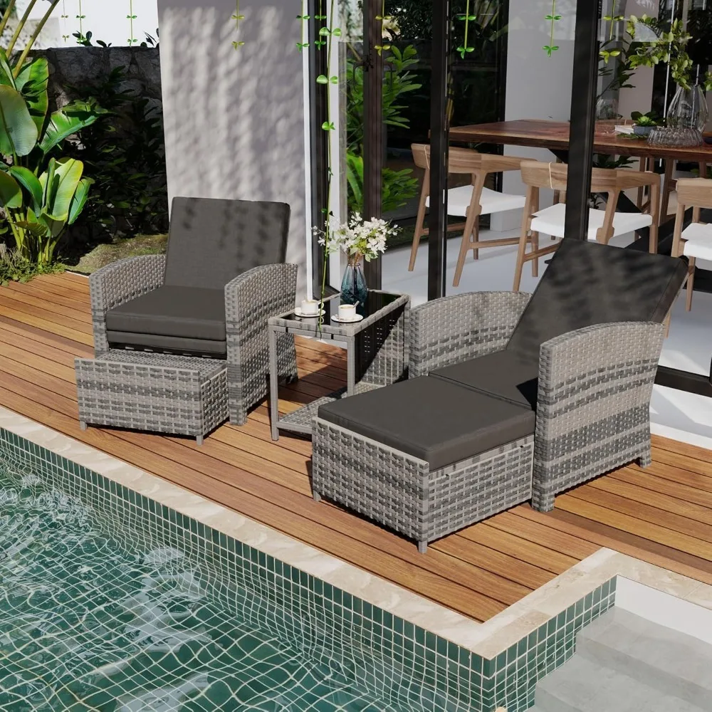 

5 Piece Outdoor Patio Furniture Set, Wicker Patio Conversation Set, Outdoor Lounge Chair with Ottomans and Coffee Table for Balc